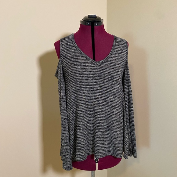 Francesca’s Size L Black and Grey Striped Sweater with Cutouts - Picture 1 of 4